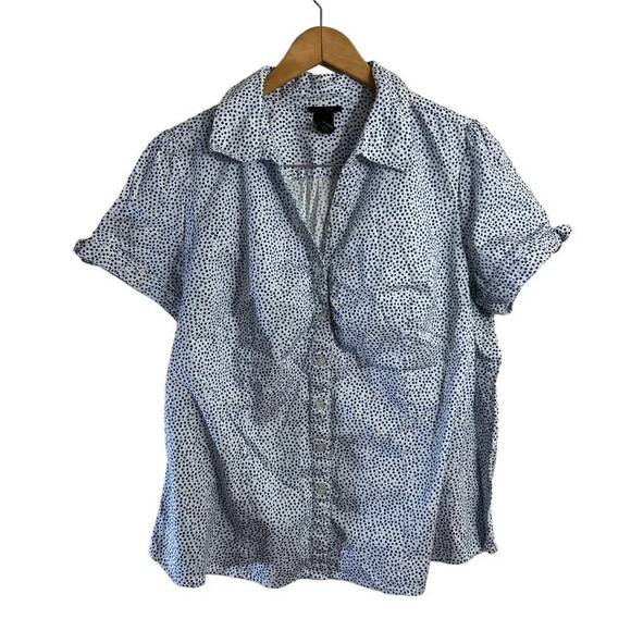 Lane Bryant Polka Dot Spotted Button Up Shirt Short Sleeves Collared Blue White - Picture 1 of 6